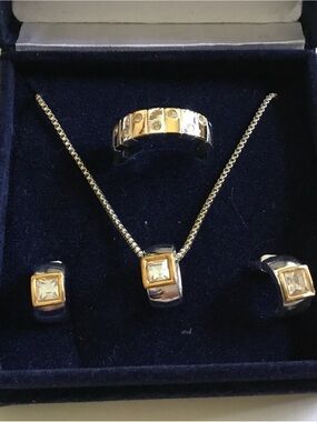Two-Tone Gold and Silver Square Crystal Pendant Necklace Ring Earrings set